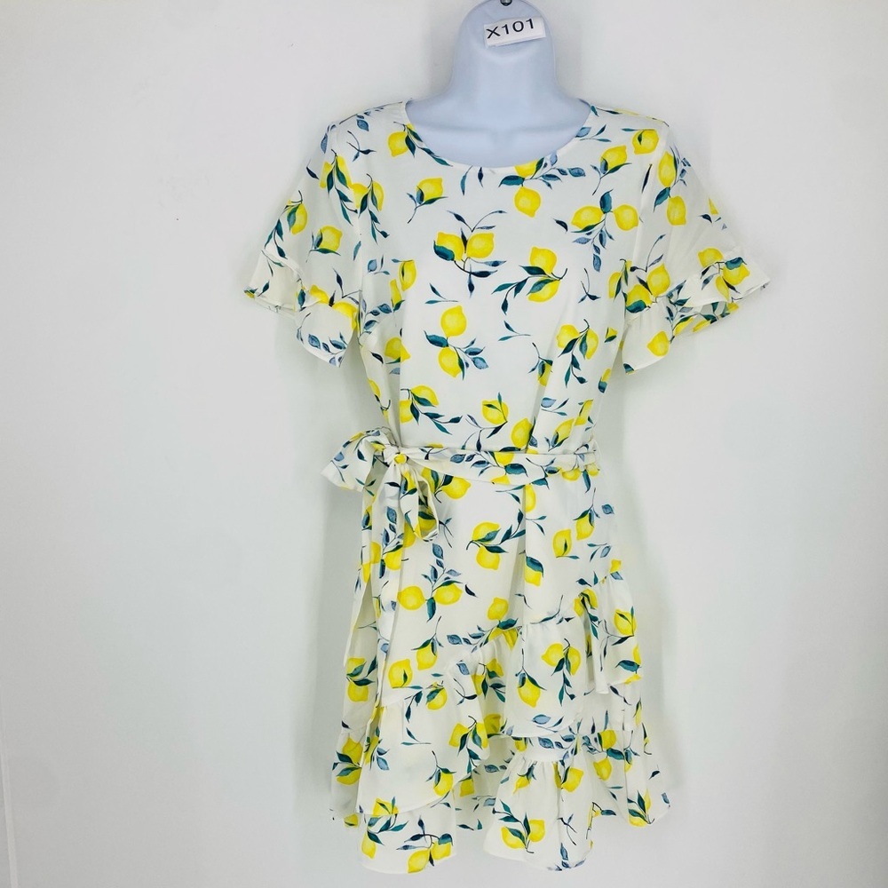 Banana Republic Lemon Print Frill Fit-and-Flare Ruffle Dress Size 4 Tie Waist
